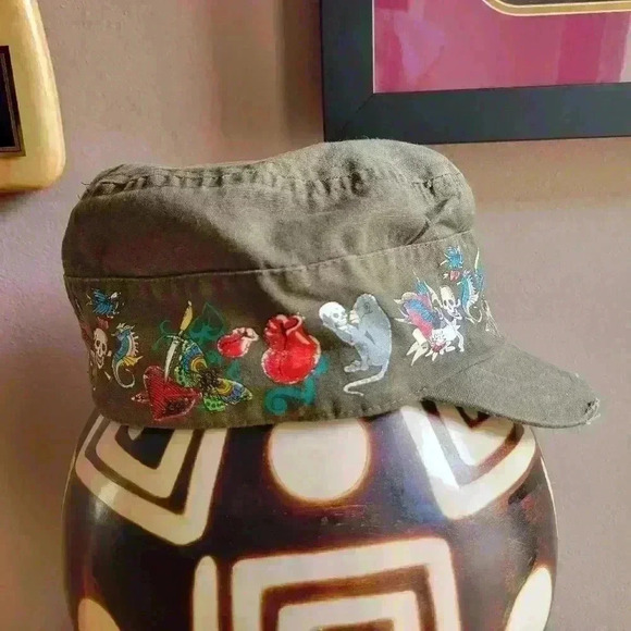 Accessories - Women Military Cap Light Brown Monkey Butterfly Flowers Hart Seahorses Skulls